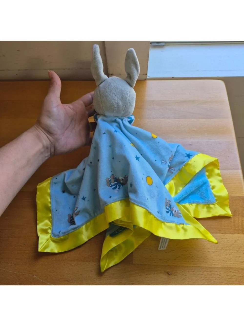 Bunny Plush Lovey Blanket Toy With Moon & Star Print Blue &‎ Yellow Satin Trim